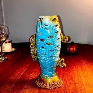 RARE Vintage Ceramic Fish Shaped Reticulated Vase 10” Tall